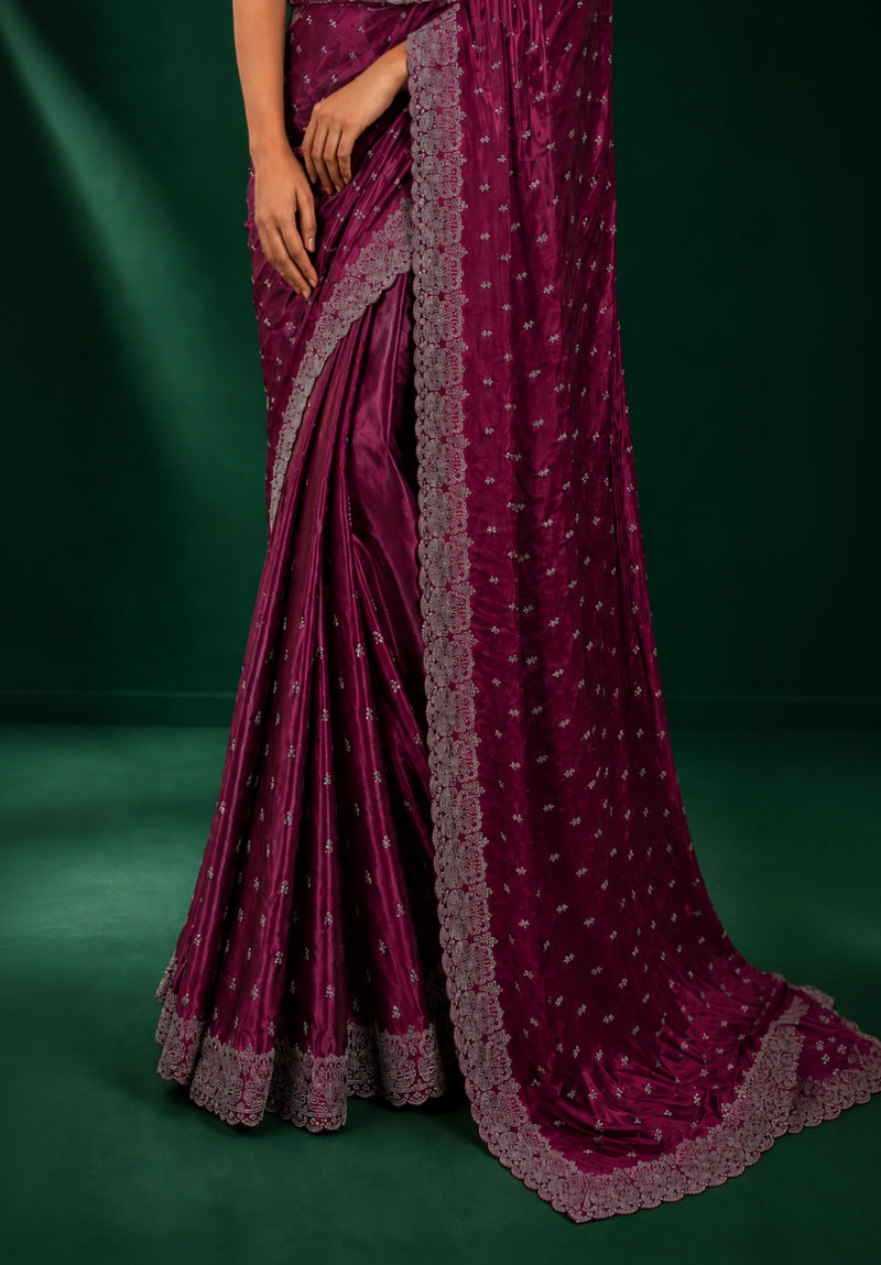 Magenta Wine Satin Saree with Scalloped Flower Embroidery