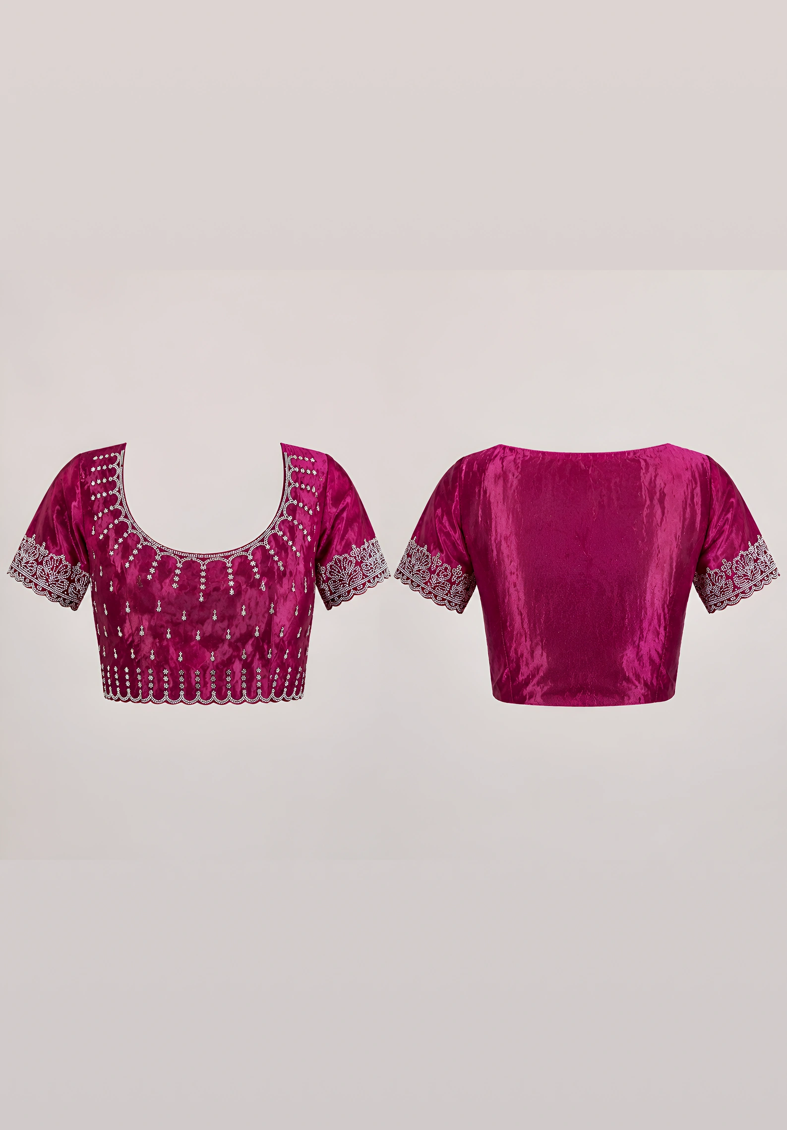 Magenta Wine Satin Saree with Scalloped Flower Embroidery