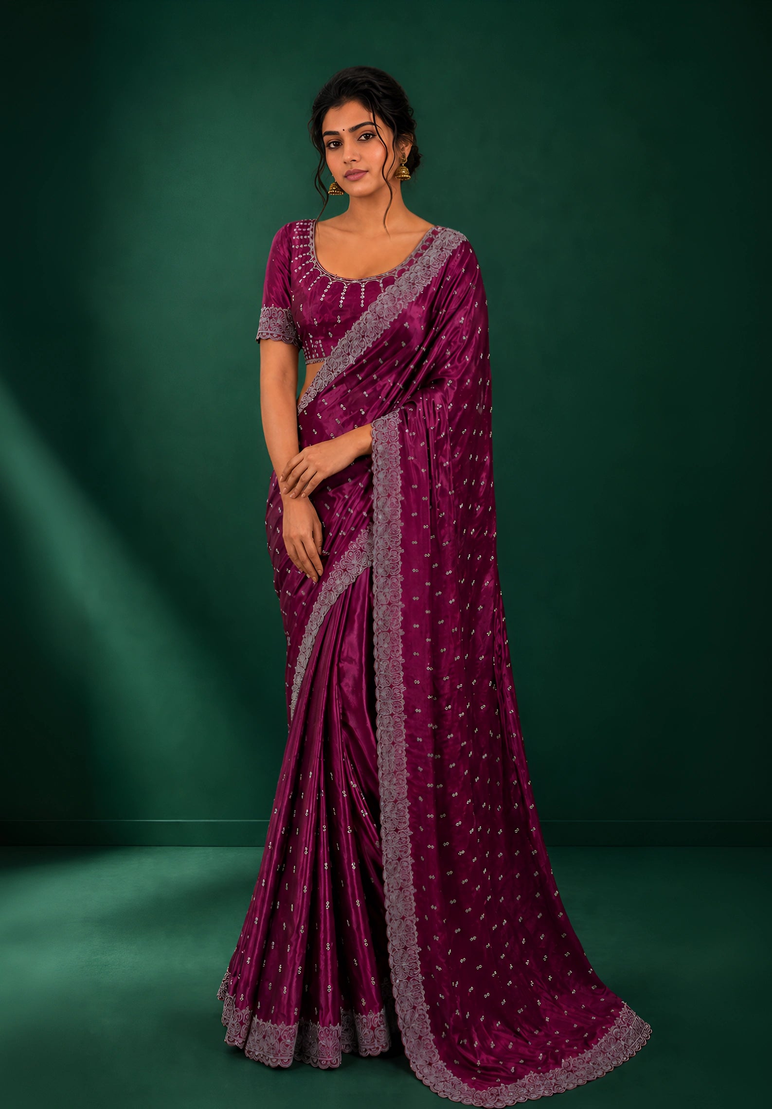 Magenta Wine Satin Saree with Scalloped Flower Embroidery
