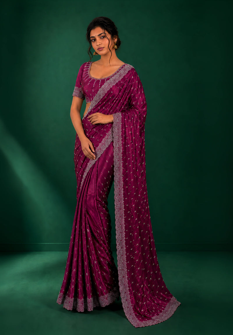Magenta Wine Satin Saree with Scalloped Flower Embroidery