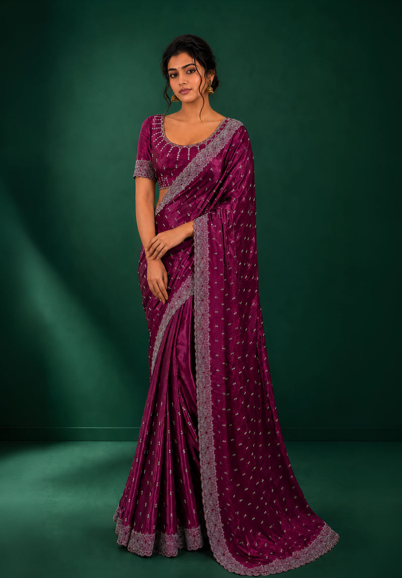 Magenta Wine Satin Saree with Scalloped Flower Embroidery