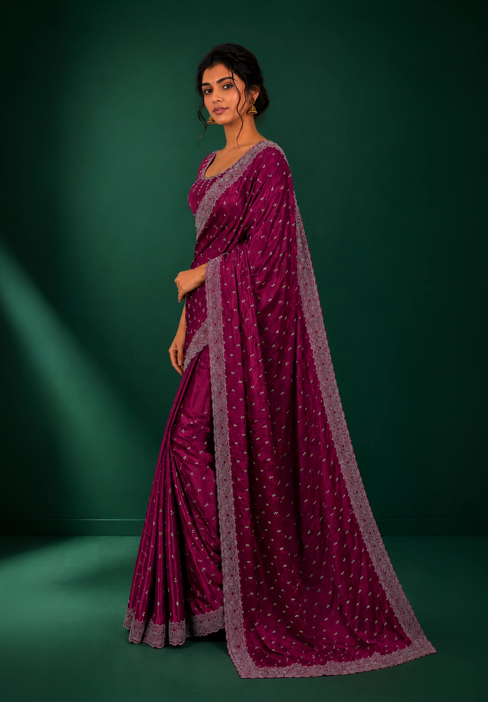 Magenta Wine Satin Saree with Scalloped Flower Embroidery