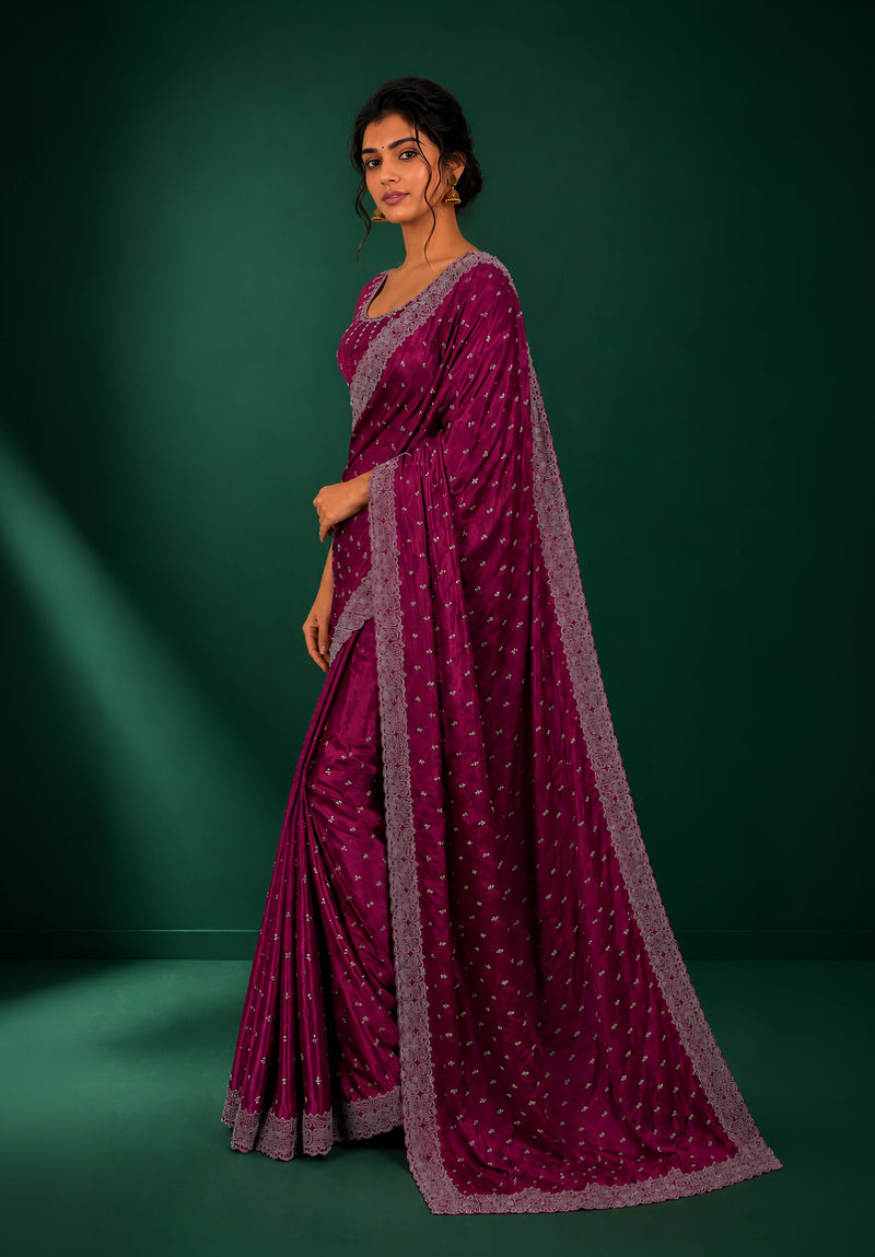 Magenta Wine Satin Saree with Scalloped Flower Embroidery