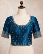 Royal Blue Satin Saree with Scalloped Flower Embroidery
