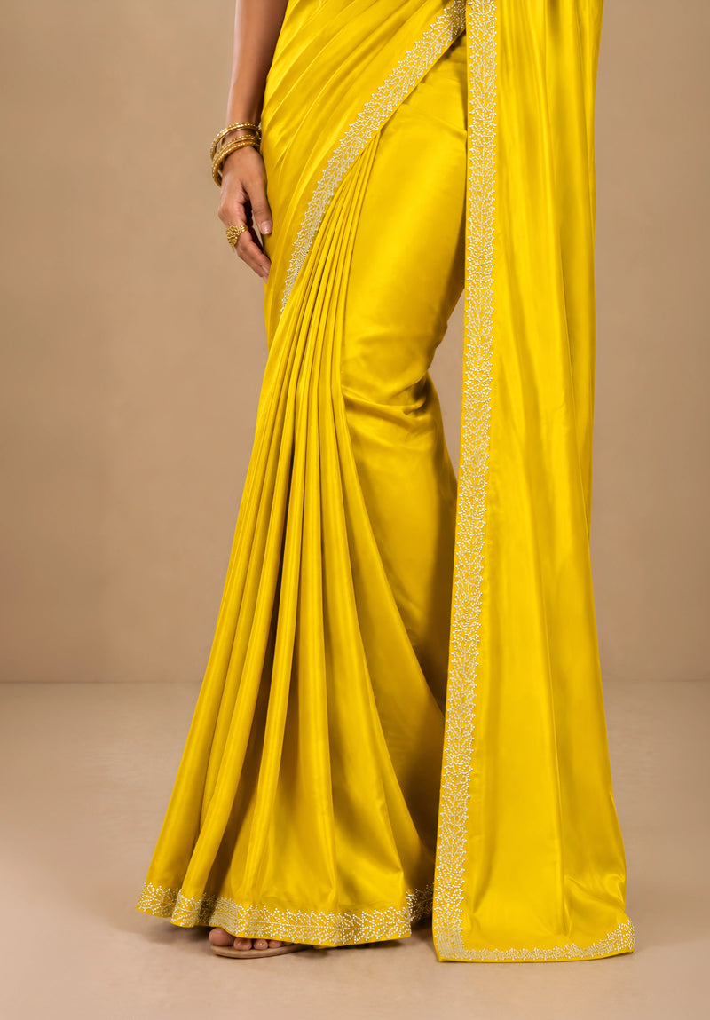 Yellow Satin Party Wear Saree with Zarkan Border