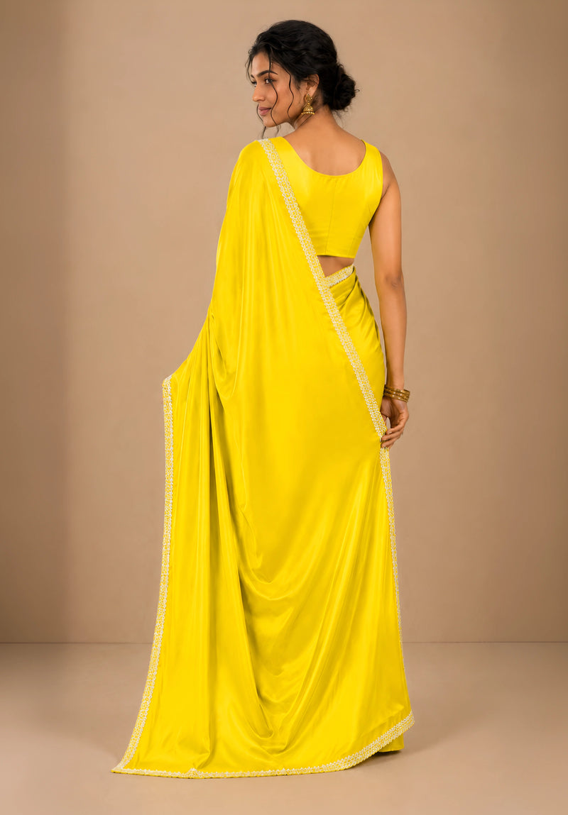 Yellow Satin Party Wear Saree with Zarkan Border