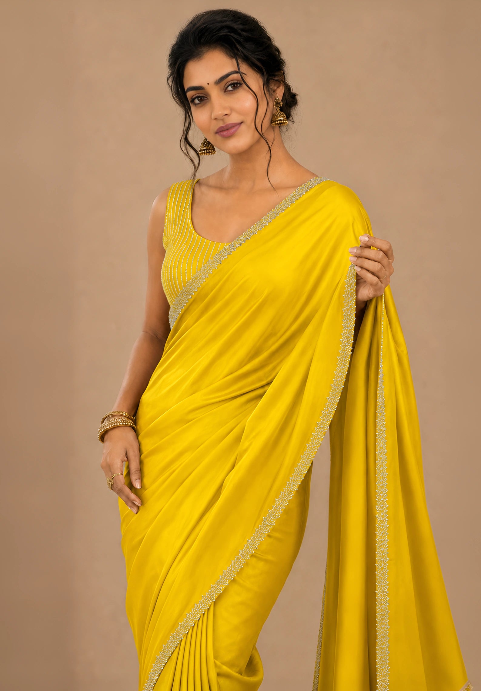 Yellow Satin Party Wear Saree with Zarkan Border