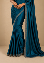 Teal Blue Satin Party Wear Saree with Zarkan Border