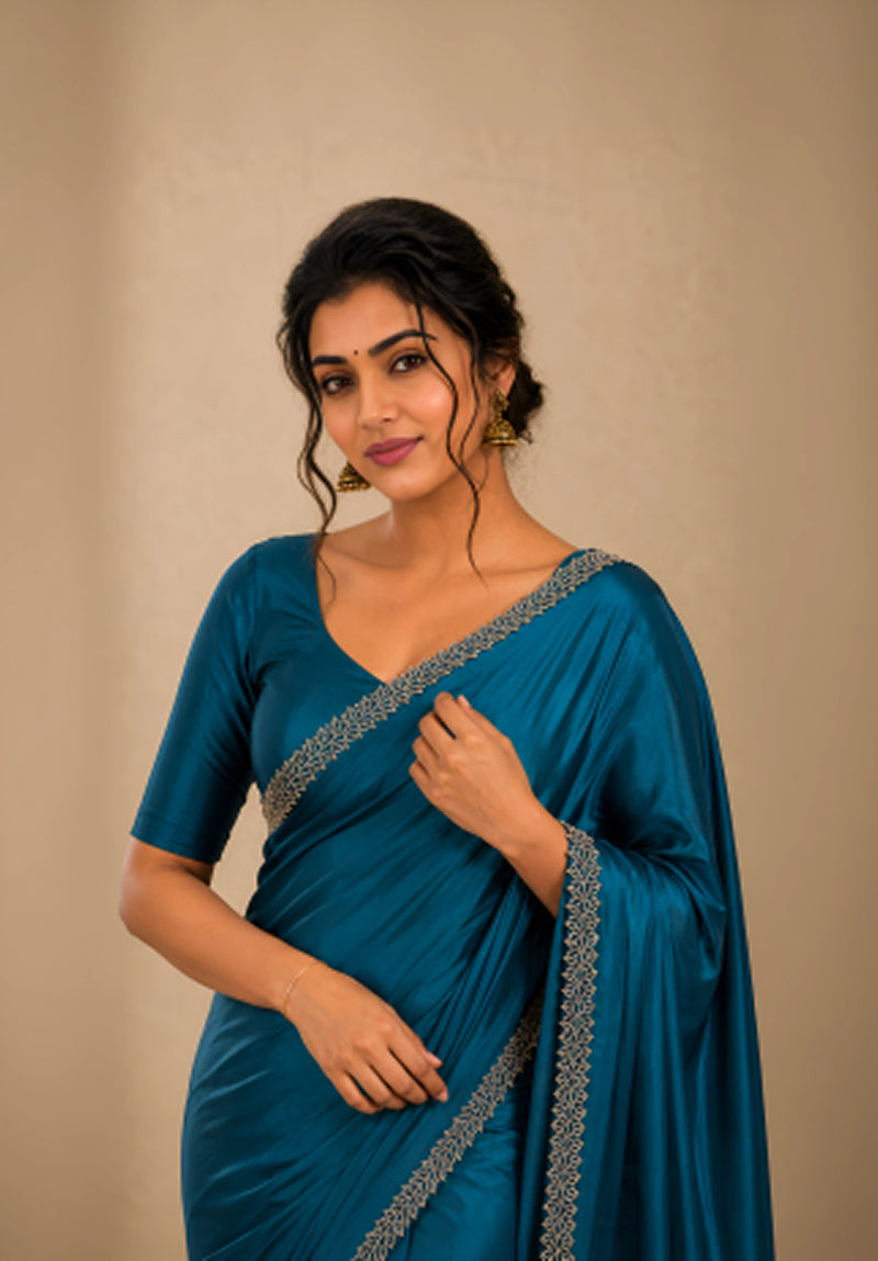 Teal Blue Satin Party Wear Saree with Zarkan Border
