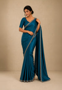 Teal Blue Satin Party Wear Saree with Zarkan Border