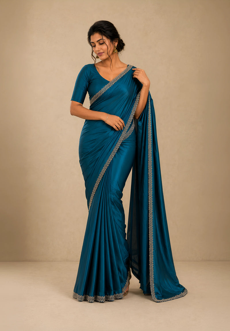 Teal Blue Satin Party Wear Saree with Zarkan Border