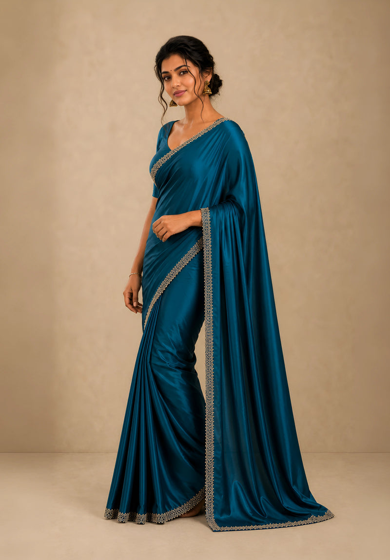 Teal Blue Satin Party Wear Saree with Zarkan Border