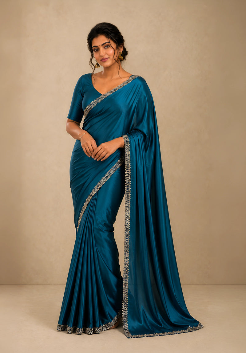 Teal Blue Satin Party Wear Saree with Zarkan Border