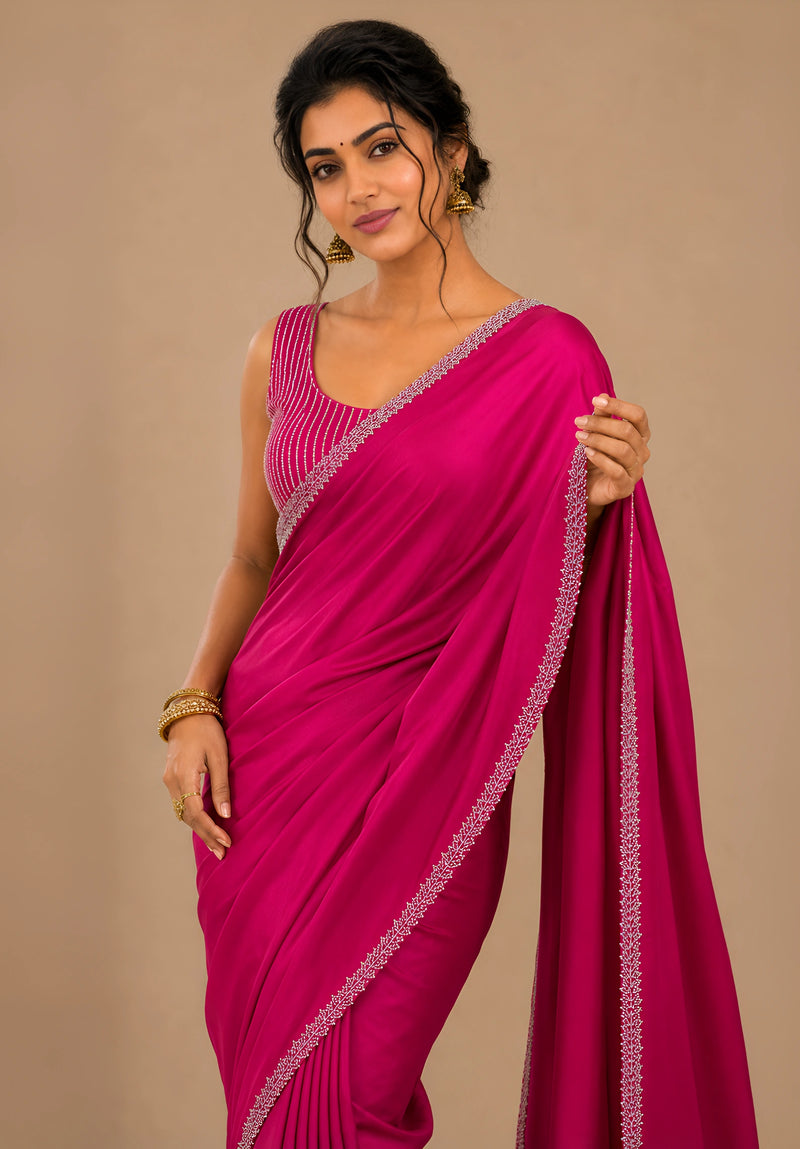 Hot Pink Satin Party Wear Saree with Zarkan Border