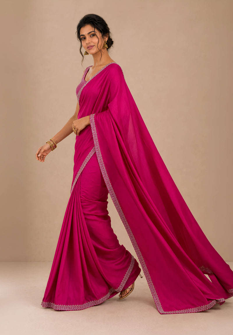 Hot Pink Satin Party Wear Saree with Zarkan Border