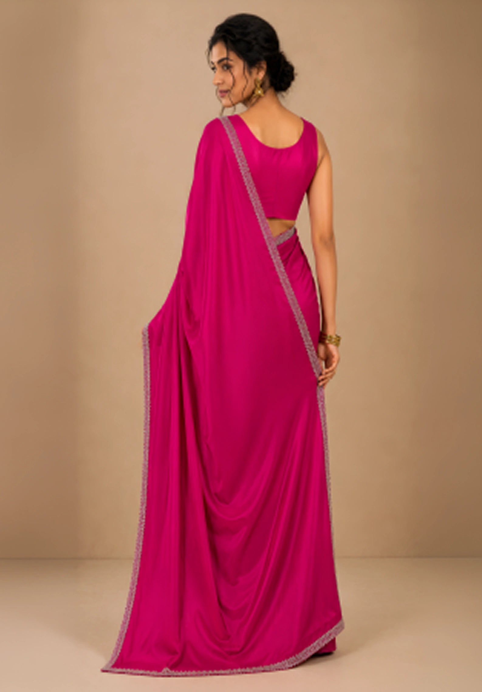 Hot Pink Satin Party Wear Saree with Zarkan Border