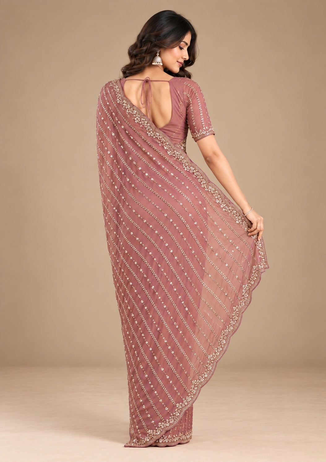 Dusty rose sequin georgette saree - back drape view