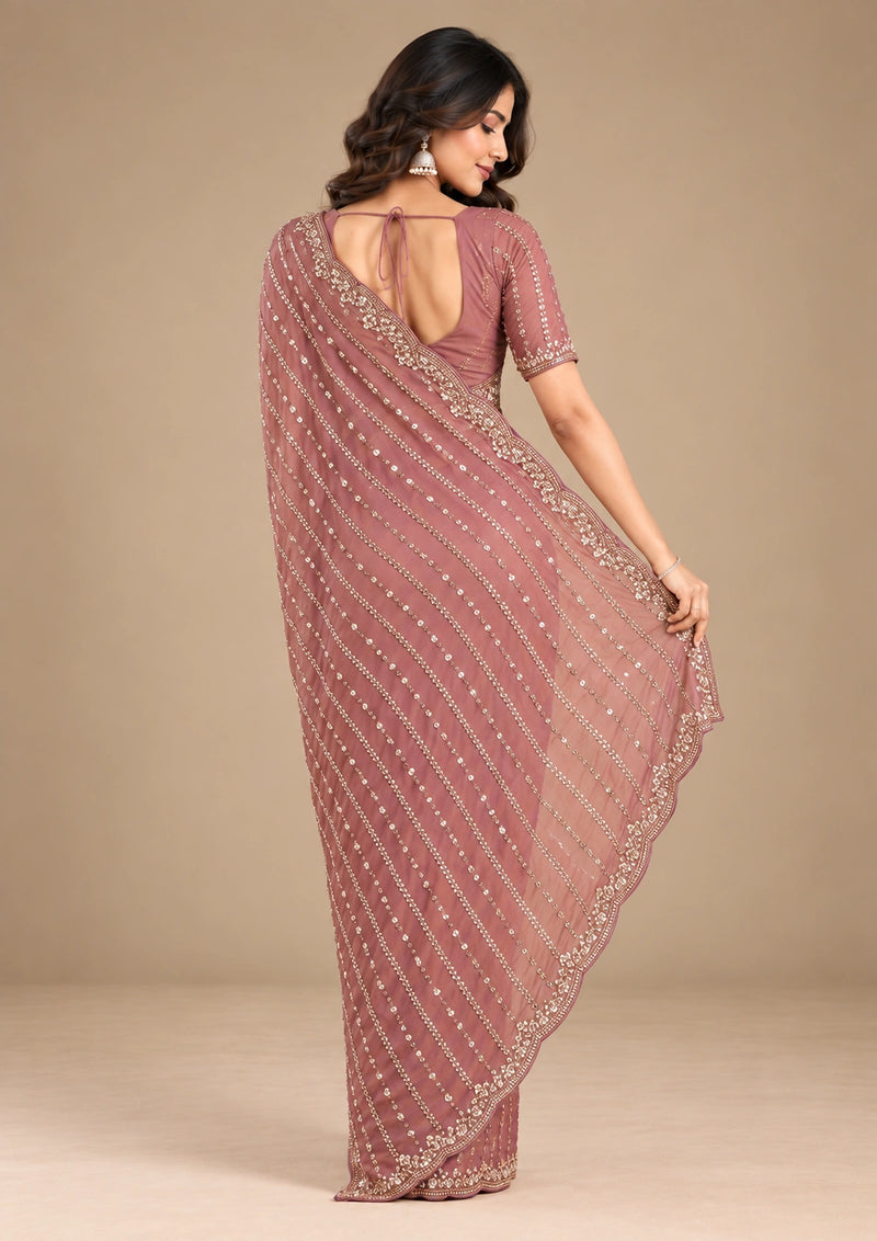 Dusty rose sequin georgette saree - back drape view