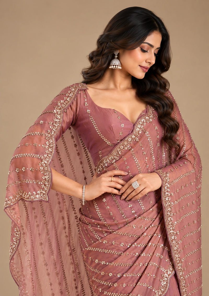 Dusty rose sequin georgette saree - blouse close up