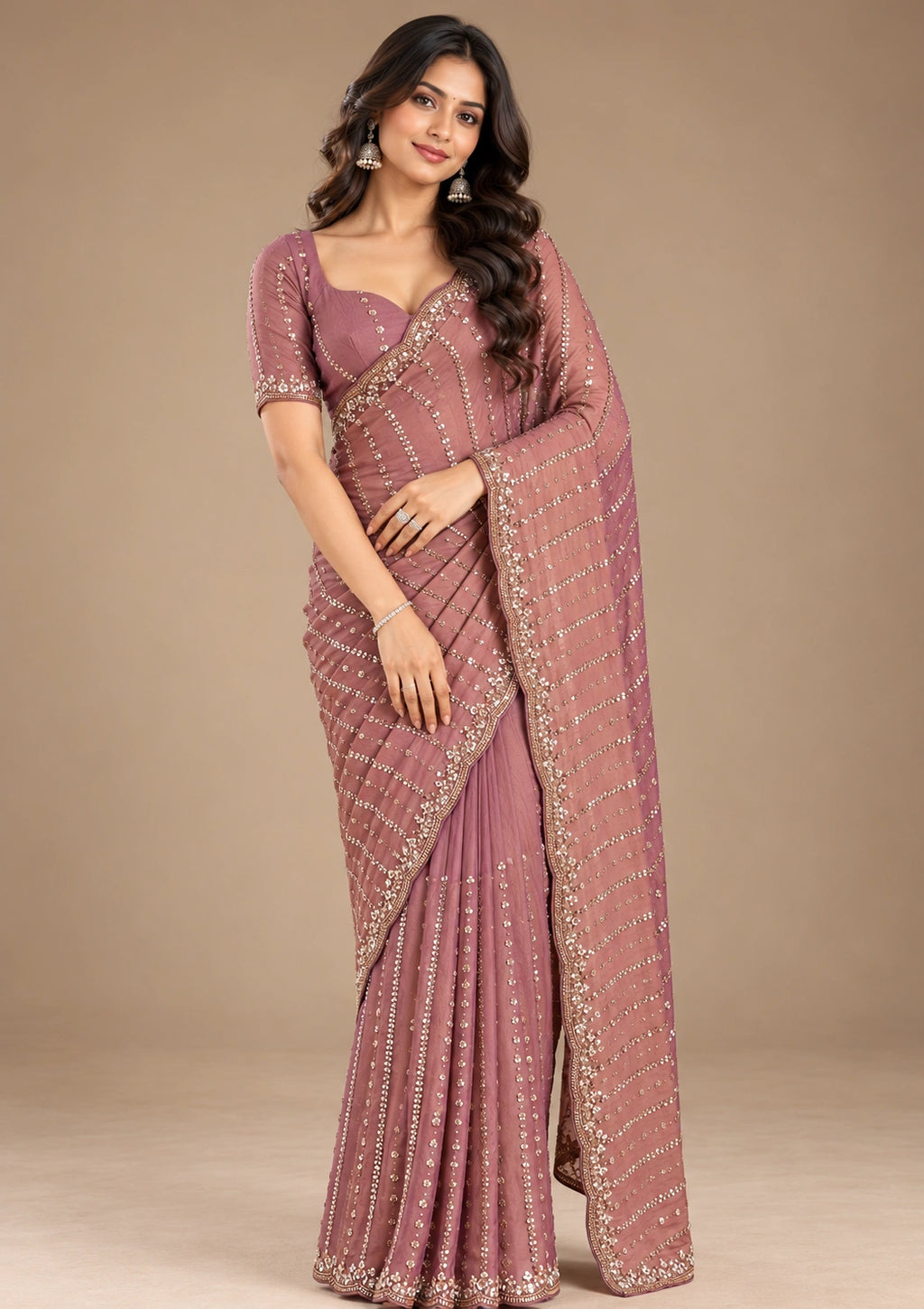 Dusty rose sequin georgette saree - front full view