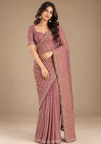 Dusty rose sequin georgette saree - front full view