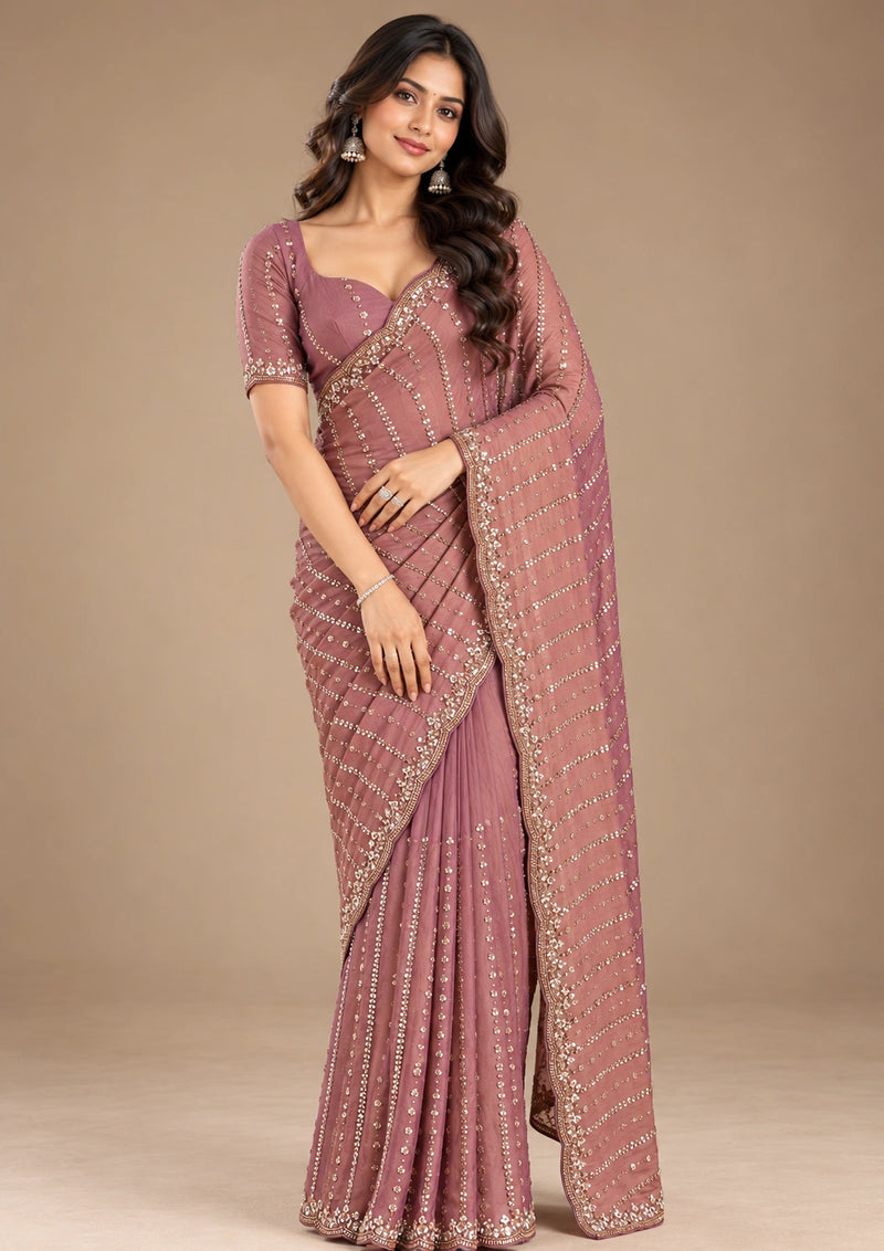 Dusty rose sequin georgette saree - front full view