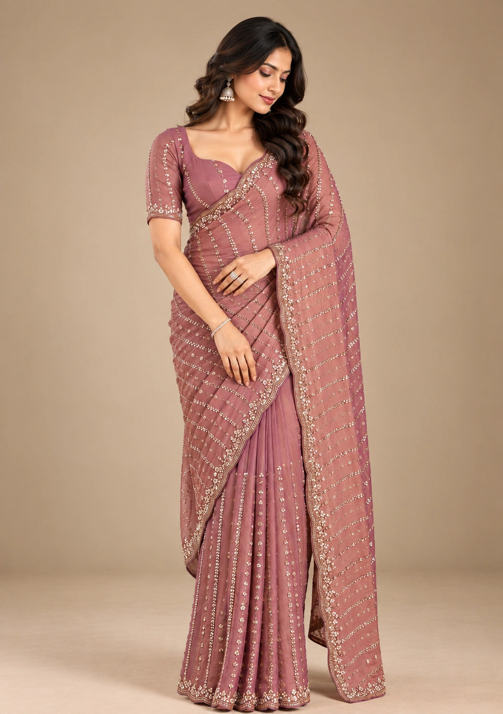Dusty rose sequin georgette saree - side pose