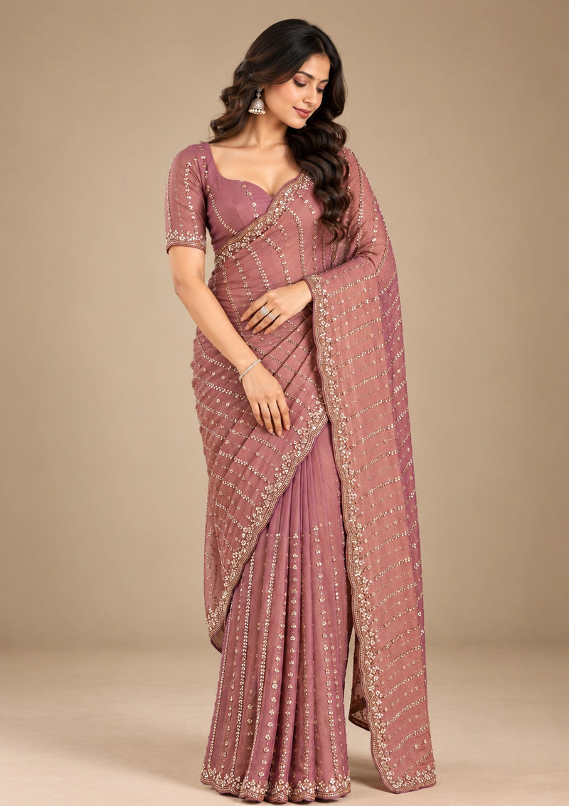 Dusty rose sequin georgette saree - side pose
