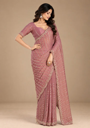 Dusty rose sequin georgette saree - standing pose