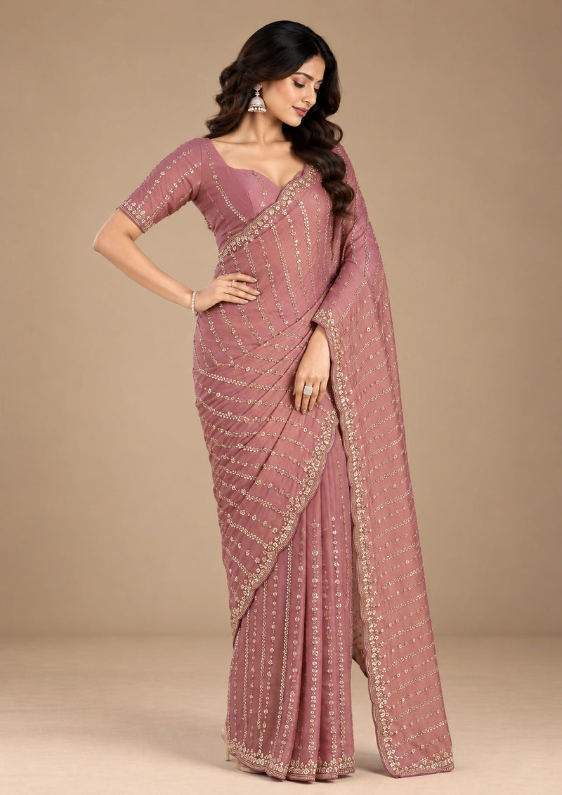 Dusty rose sequin georgette saree - standing pose