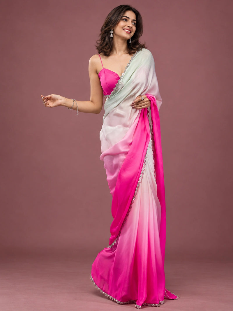 Pink mint ombre satin saree - front view