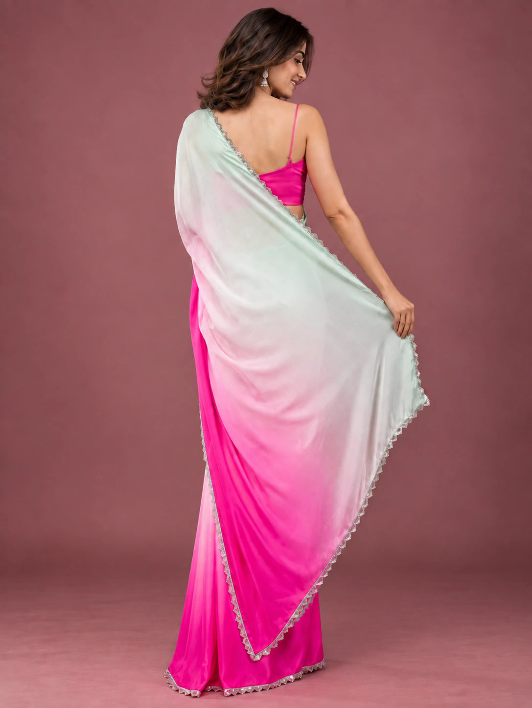 Pink mint ombre satin saree - back view