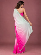 Pink mint ombre satin saree - back view