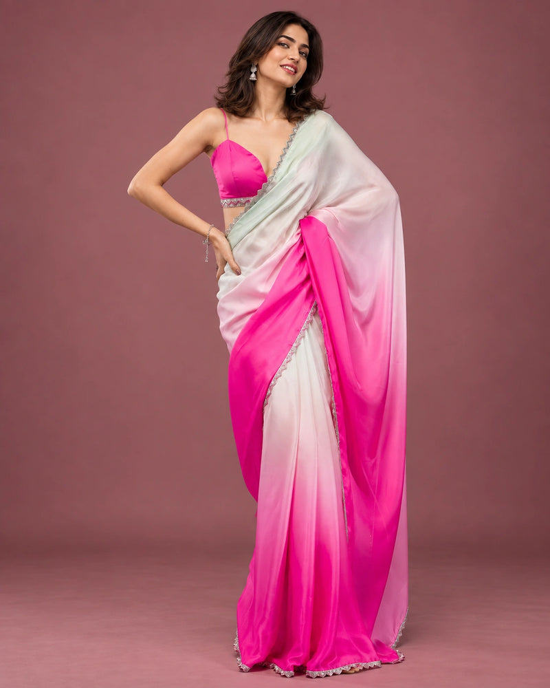 Pink mint ombre satin saree - full drape view