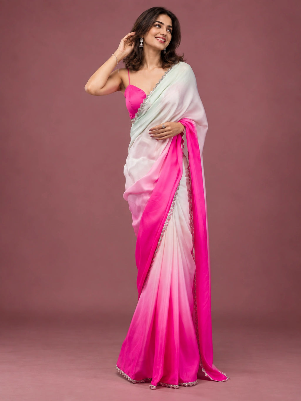 Pink mint ombre satin saree - side view
