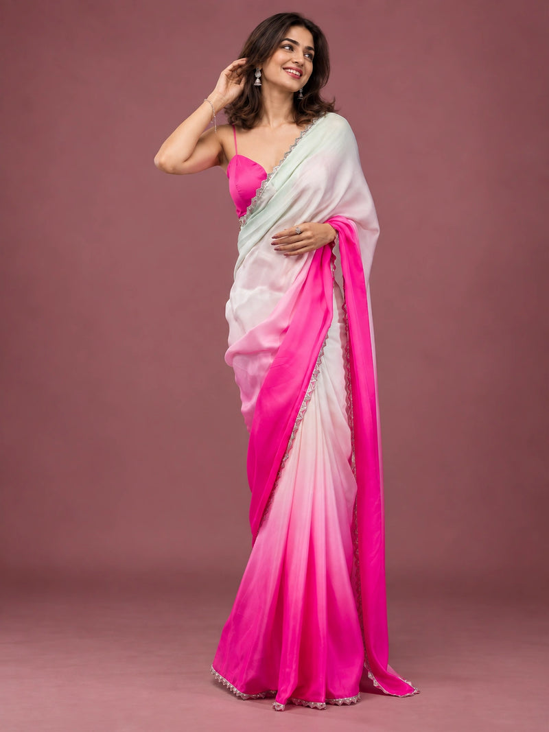 Pink mint ombre satin saree - side view
