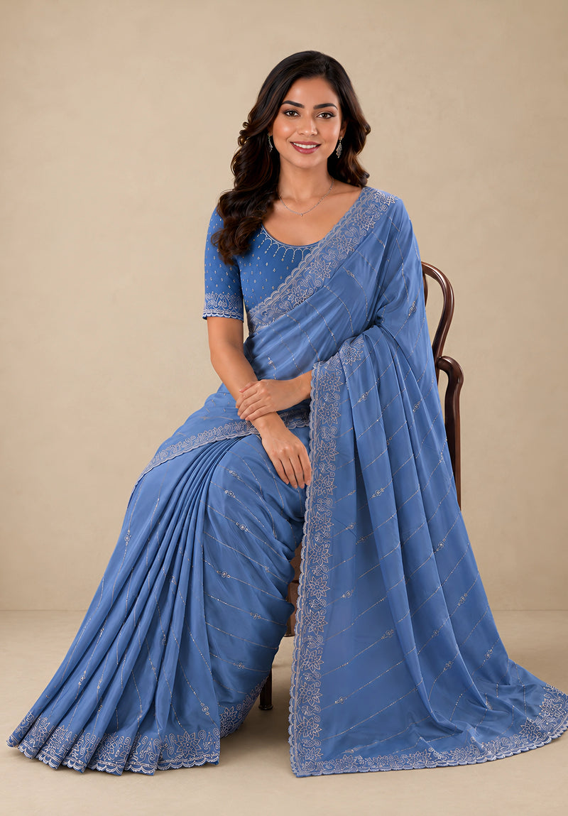 Ice Blue Satin Saree with Zari Border