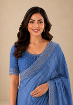 Ice Blue Satin Saree with Zari Border