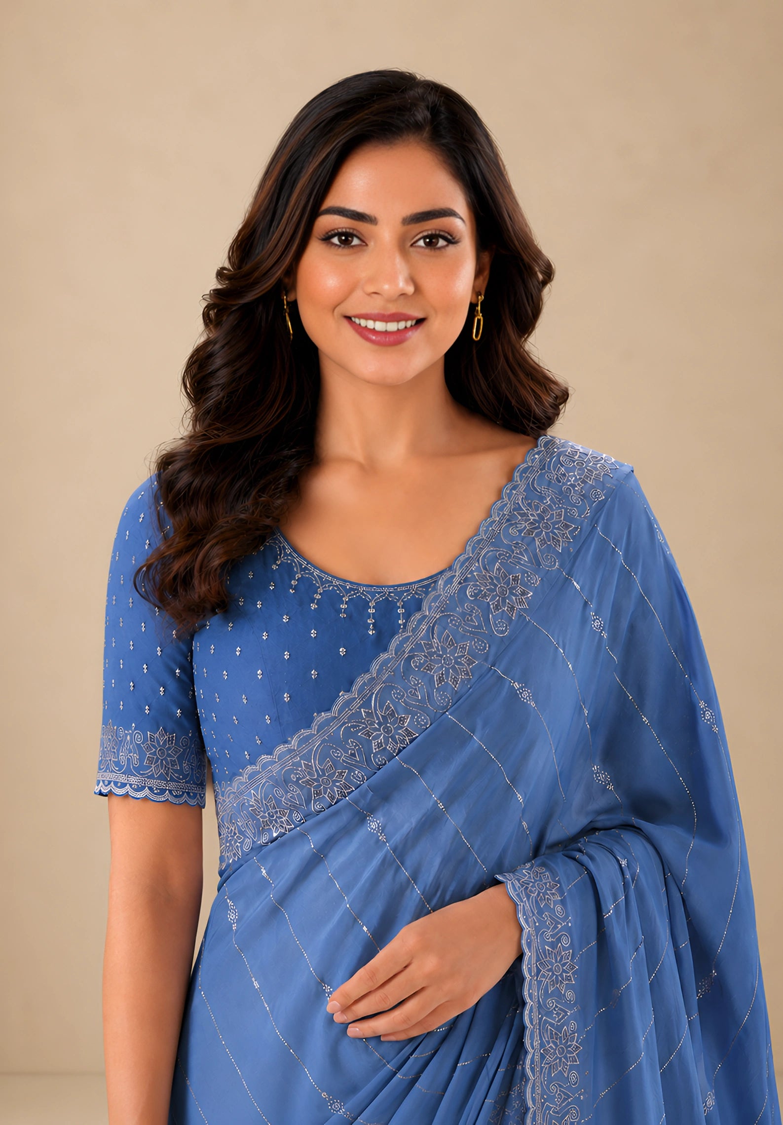 Ice Blue Satin Saree with Zari Border
