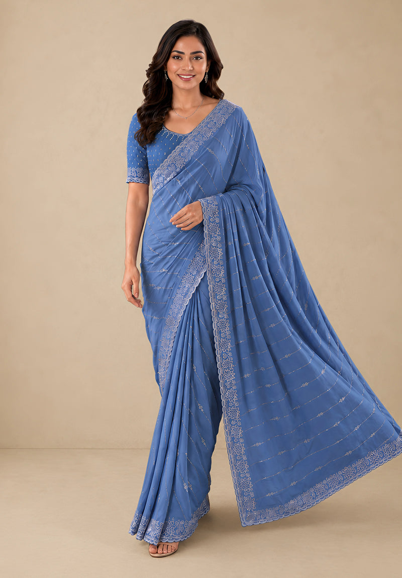 Ice Blue Satin Saree with Zari Border