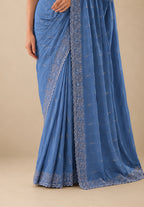 Ice Blue Satin Saree with Zari Border