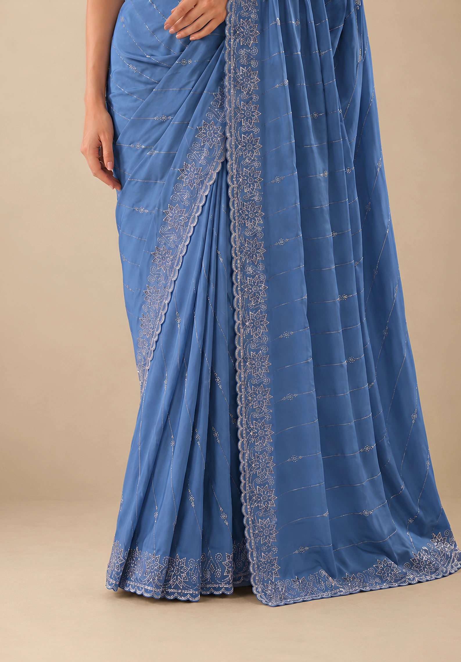 Ice Blue Satin Saree with Zari Border