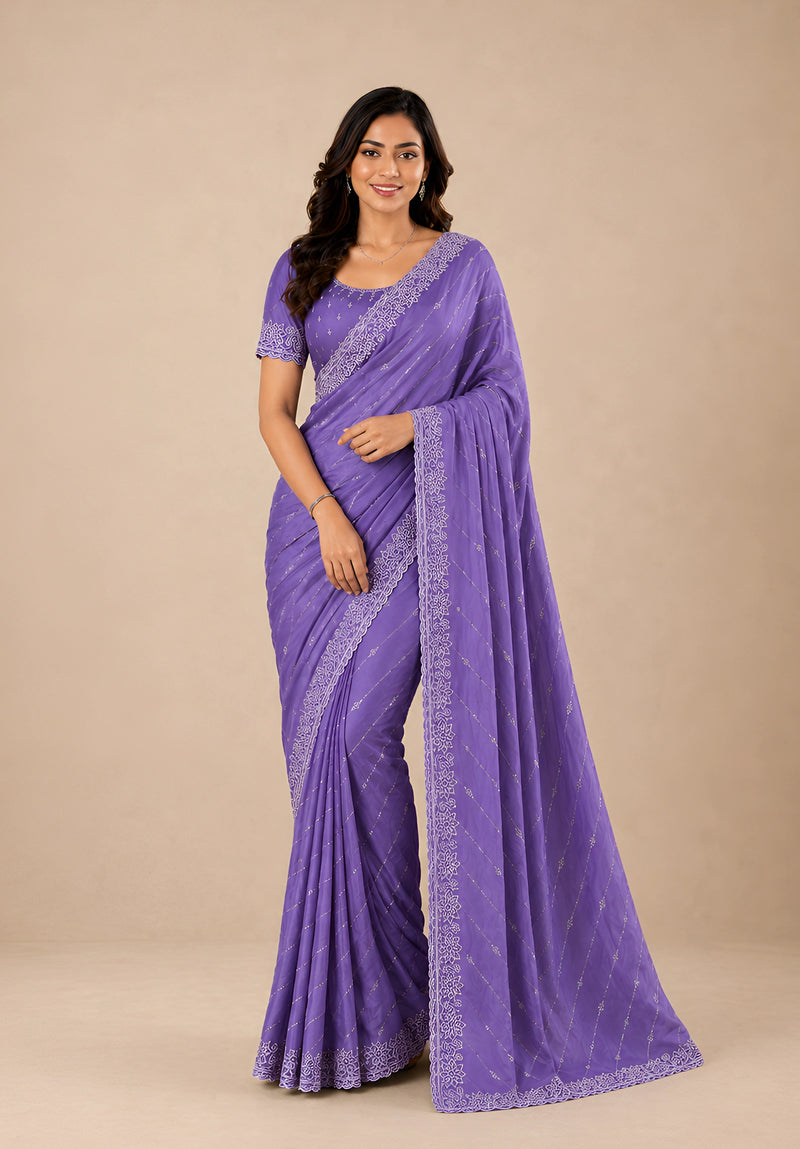 Lavender Satin Saree with Zari Border