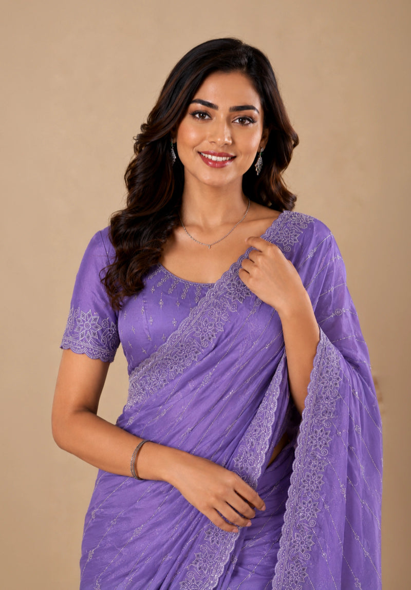Lavender Satin Saree with Zari Border