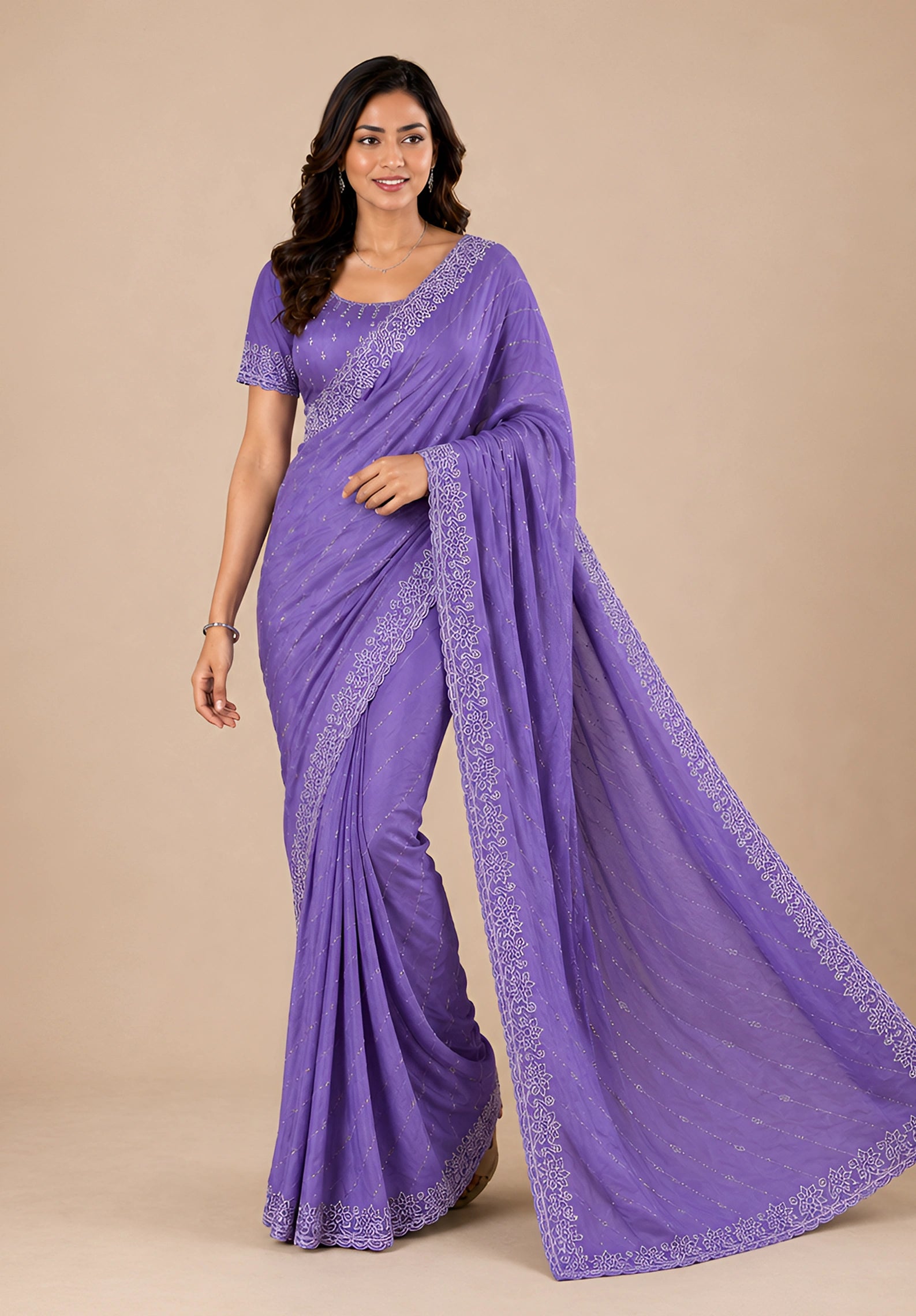 Lavender Satin Saree with Zari Border