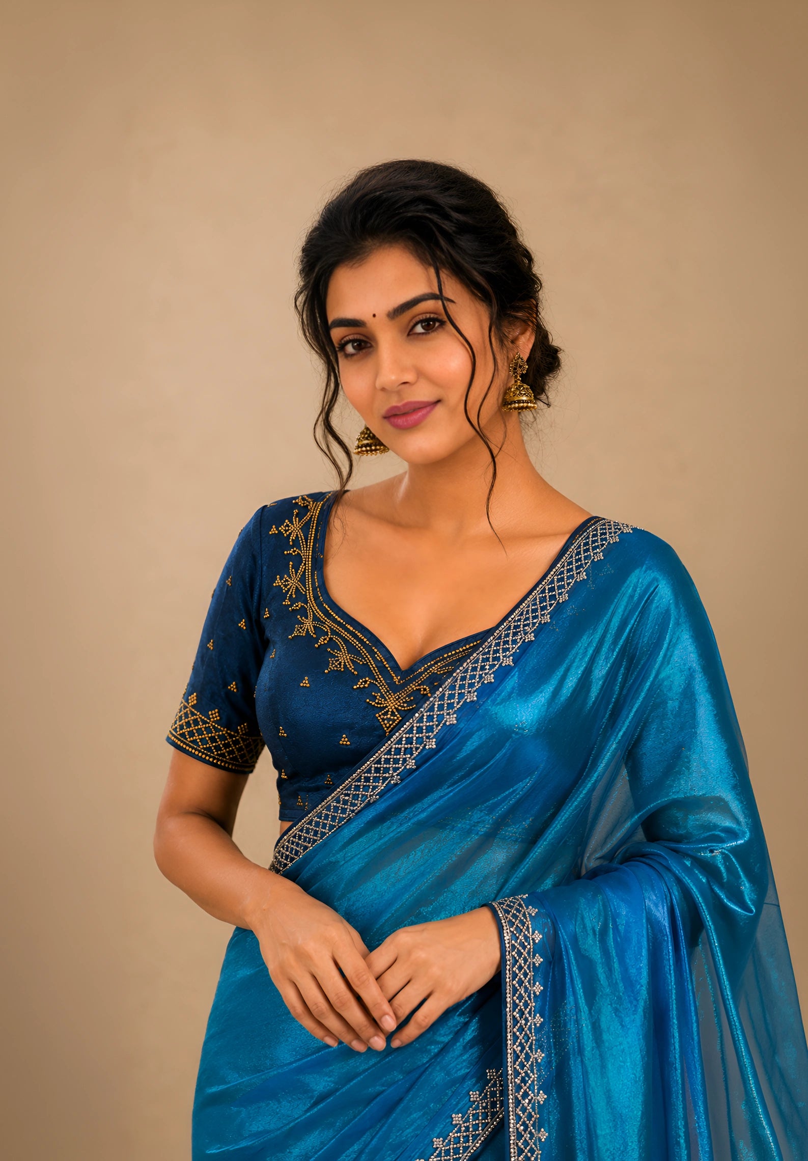 Ocean Blue Metallic Satin Festive Saree with Navy Blue Velvet Embroidered Blouse