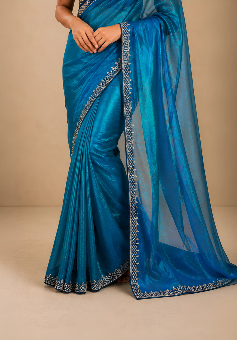 Ocean Blue Metallic Satin Festive Saree with Navy Blue Velvet Embroidered Blouse