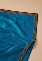 Ocean Blue Metallic Satin Festive Saree with Navy Blue Velvet Embroidered Blouse