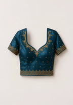 Ocean Blue Metallic Satin Festive Saree with Navy Blue Velvet Embroidered Blouse