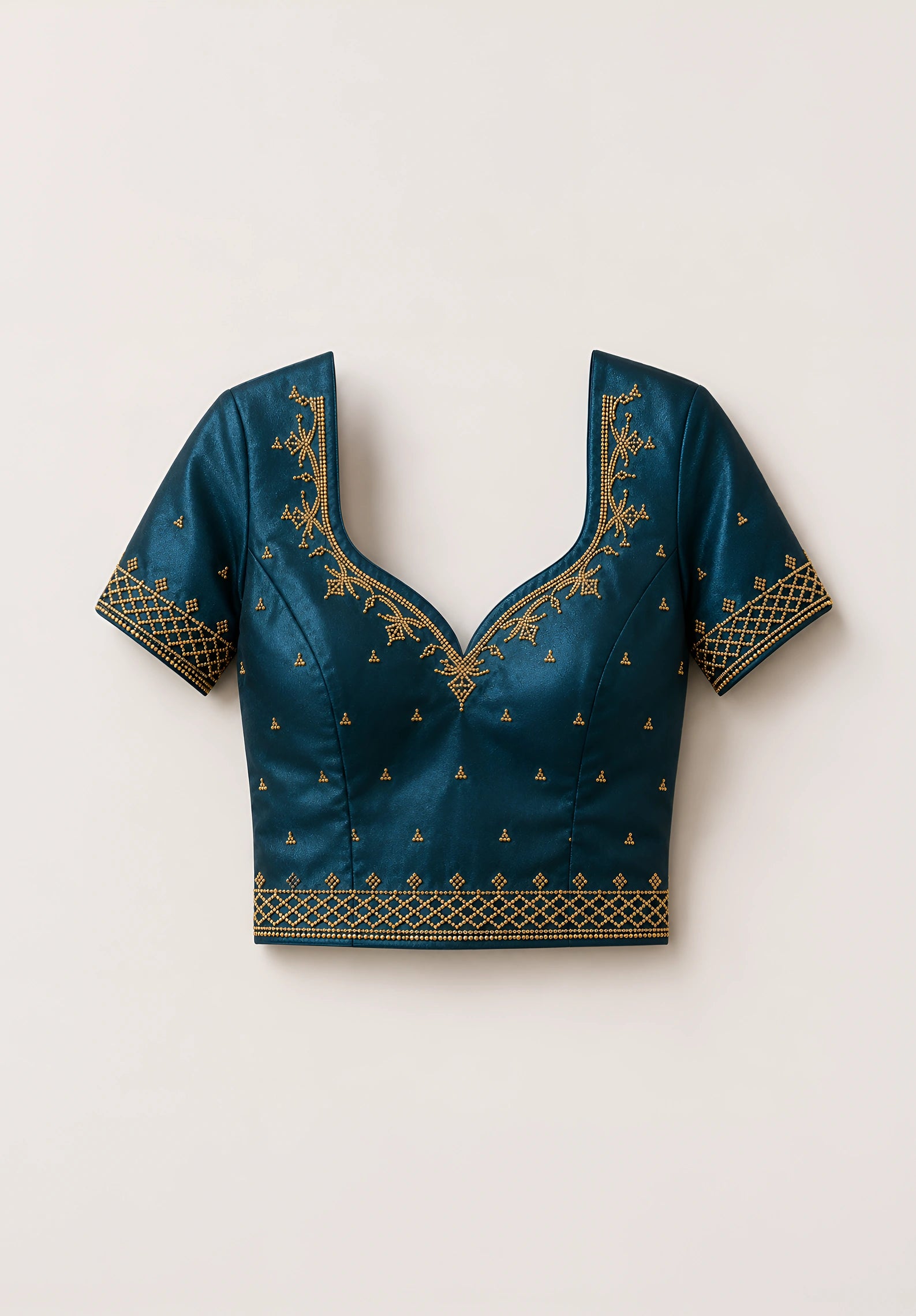 Ocean Blue Metallic Satin Festive Saree with Navy Blue Velvet Embroidered Blouse